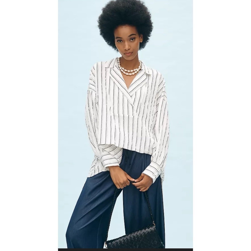 Anthropologie Striped Blouse Medium Oversized Black White Long Sleeve Collared